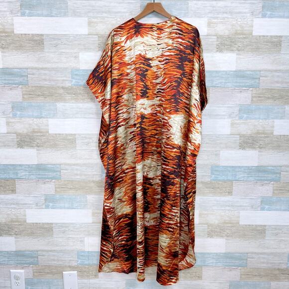 ASHRO Animal Print Kimono Kaftan Maxi Dress Brown Orange Womens Free One Size OS - Picture 4 of 6